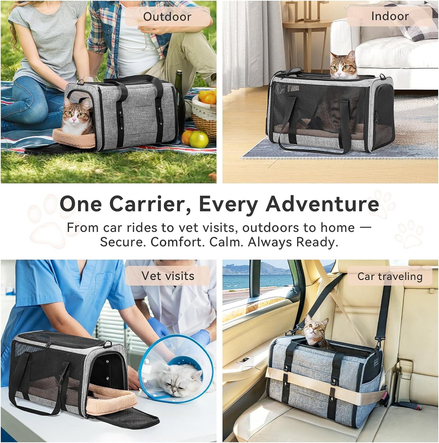 PETSFIT Soft-Sided Cat Carriers & Car Seats with Patent Safe Buckles, Clip-On Harness,18"x11"x11" Airline Approved Pet Carrier - 9 lbs Capacity,Grey