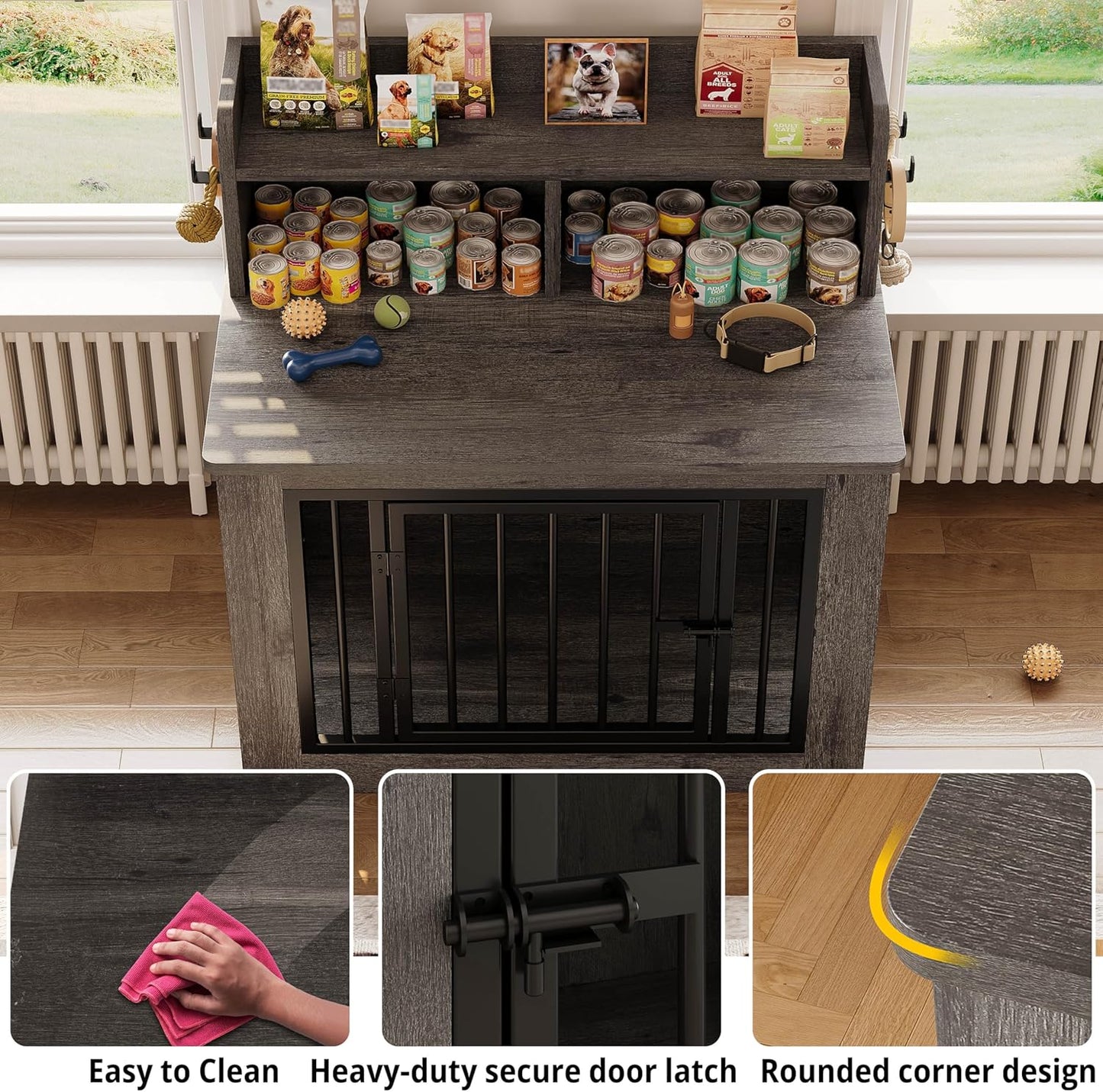 IRONCK Dog Crate Furniture, 33.4 inches Wooden Small Dog Crate with Storage and 4 Hooks, Heavy Duty Pet Crate for Small Dog, Decorative Pet Cage for Indoor (22" L x 33.4" W x 37.4" H)