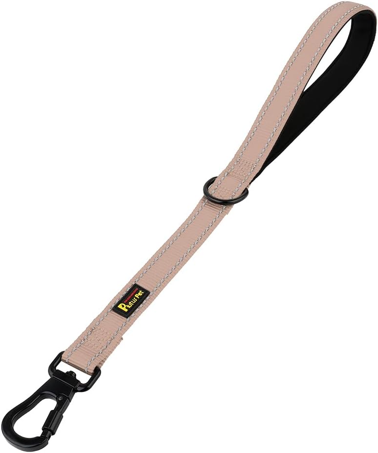 PLUTUS PET Short Training Dog Leash with Padded Handle for Medium Large Dogs,18 Inch Heavy Duty Strong Traffic Leash with Carabiner Clip for Climbing Walking or Guiding Blind(18”，Beige)