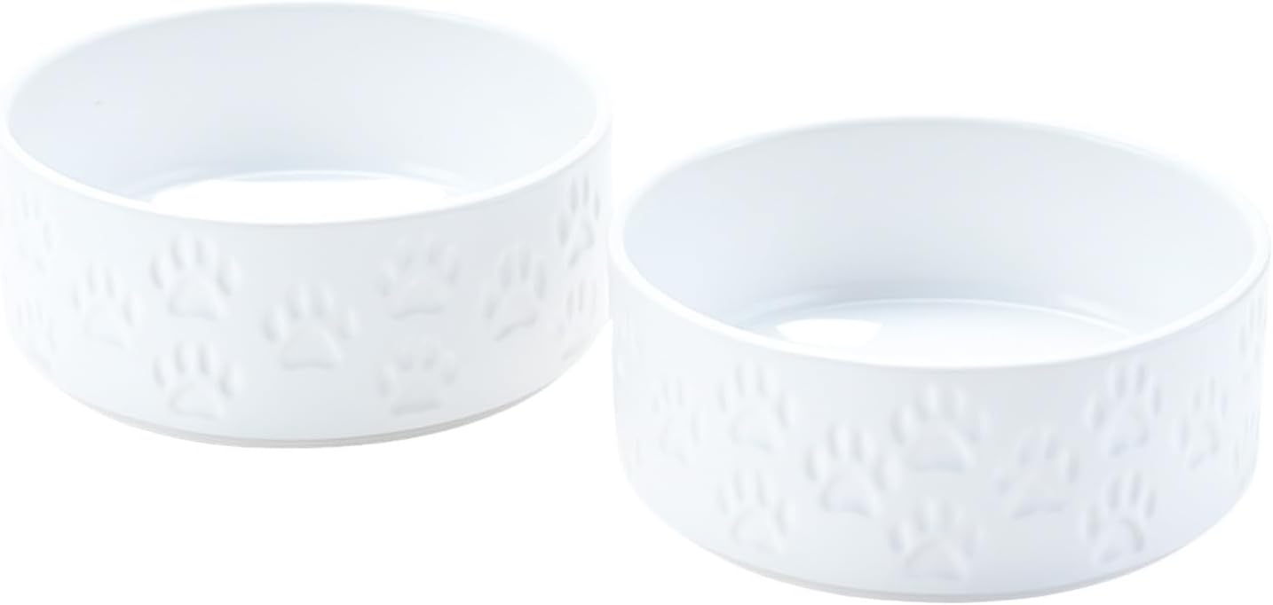 SPUNKYJUNKY Ceramic Dog Bowls 2 Pack, 7.3'' Dog Food Water Double Feeding Bowls Non-Slip for Medium to Large Sized Breed Microwave Dishwasher Safe - 42 OZ, 2pcs, Paw White