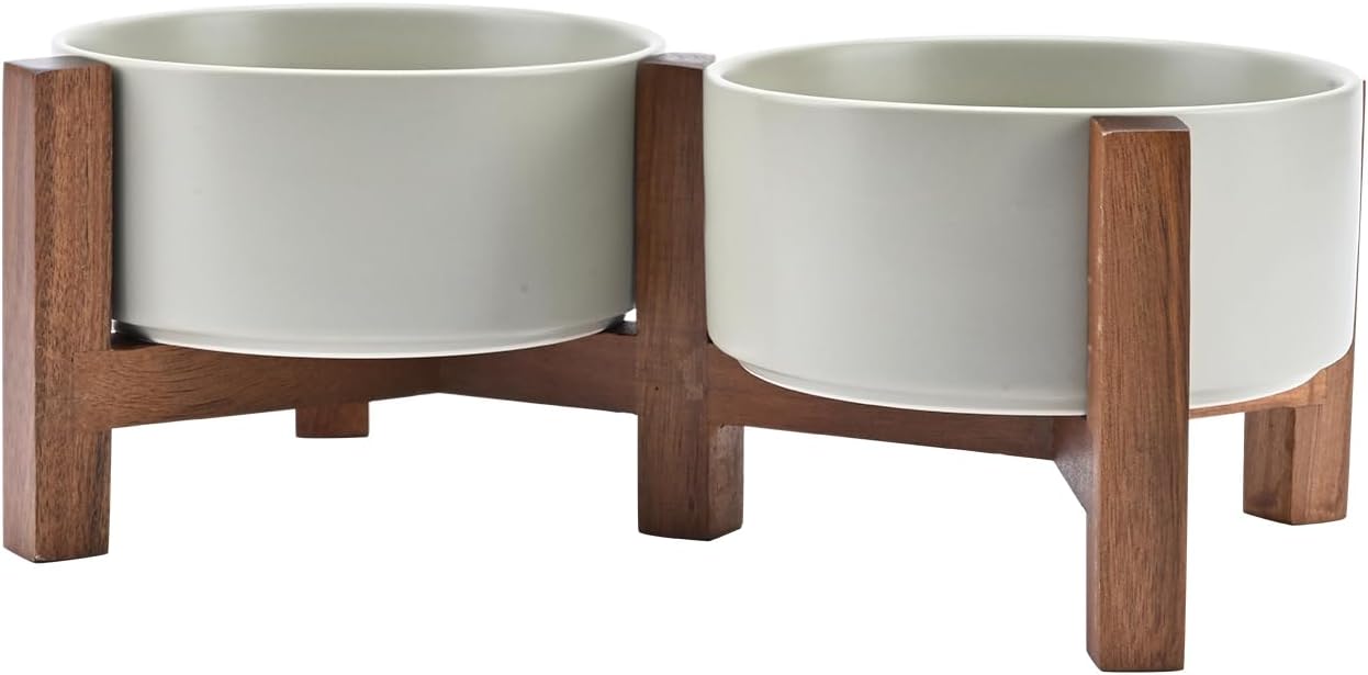 SPUNKYJUNKY Ceramic Dog Bowls with Acacia Wood Stand - Raised Dog Food and Water Bowl Set for Medium Dogs (28.74 OZ, Gray)