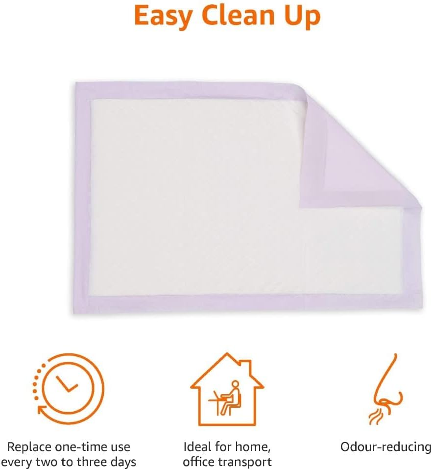 Amazon Basics Cat Pee Pads, 60 Count, Universal Fit for Litter Box, Odor Control, Unscented, White/Purple