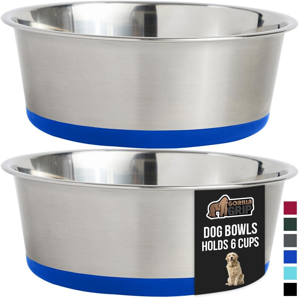GORILLA GRIP Set of 2 Dog Bowls, Holds 6 Cups (48 fl oz), Heavy Duty Metal Food and Water Bowl for Feeding Dogs and Cats, Dishwasher Safe, Rust Resistant Stainless Steel, BPA Free Rubber Base, Blue
