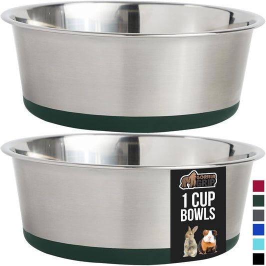 GORILLA GRIP Set of 2 Dog Bowls, Heavy Duty Metal Food and Water Bowl for Feeding Dogs and Cats, Dishwasher Safe, Rust Resistant Stainless Steel, BPA Free Rubber Base, Holds 1 Cup (8 fl oz), Green