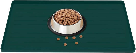 18" x 12" Dog Food Mat, Silicone Pet Mats for Food and Water, Nonslip Pet Feeding Mats for Floors, Dog Cat Bowl Mat with Raised Edges, Dark Green