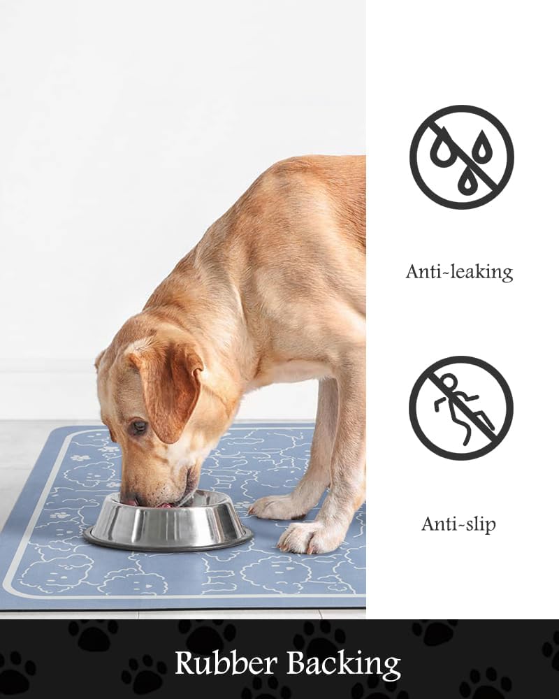 Pet Feeding Mat-Absorbent Dog Mat for Food and Water Bowl-No Stains Quick Dry Water Dispenser Mat-Dog Accessories Pet Supplies-Bowl for Messy Drinkers（BLUEDOGS,17"x28"