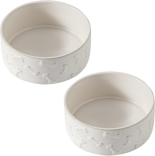 UBEE Ceramic Dog Bowl Set of 2, 5.1 inch Dog Food Bowl with Bone Pattern, Pet Food Water Dish Feeding for Small Dogs and Large Cat, White