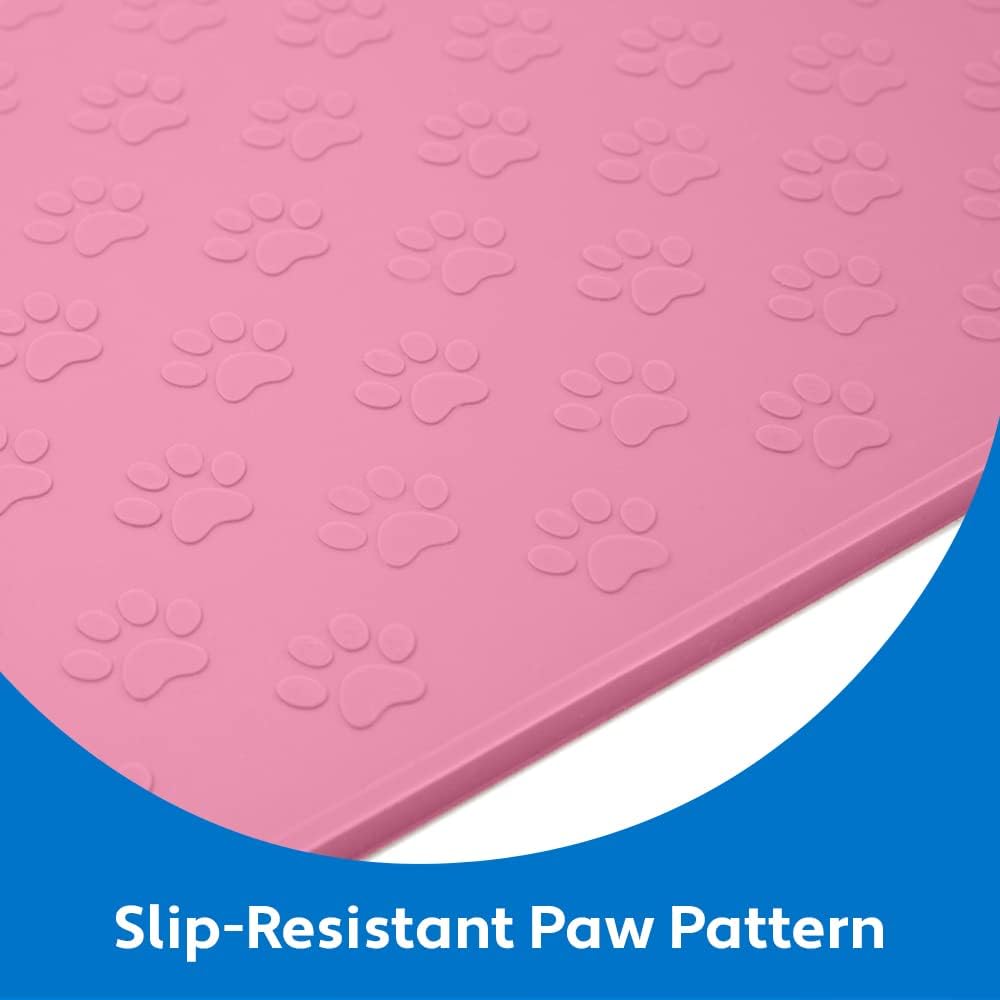 MIGHTY MONKEY 100% Waterproof Dog Food Mat, Raised Edges Silicone Pet Feeding Placemat for Cat, Dogs, Pet Bowls, High Lipped Tray Prevents Water Spills, Food on Floor, Dishwasher Safe, 18x12, Pink