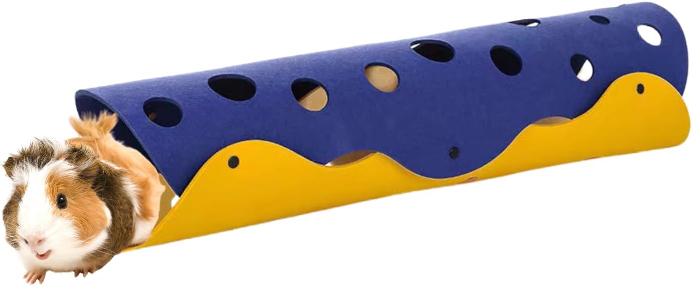 Guinea Pig Tunnel Foldable Fleece Hideout Tube with Cheese-Hole Design Soft Cozy Hideaway for Guinea Pig Cage Corner Indoor Play and Napping-Blue
