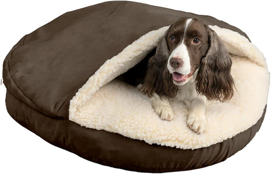 Snoozer Luxury Cozy Cave Dog Bed - Indoor Dog Bed with Cover Cave, Covered Calming Burrow for Medium & Large Sized Pets with Blanket Attached, Enclosed, Washable - XL, Hot Fudge
