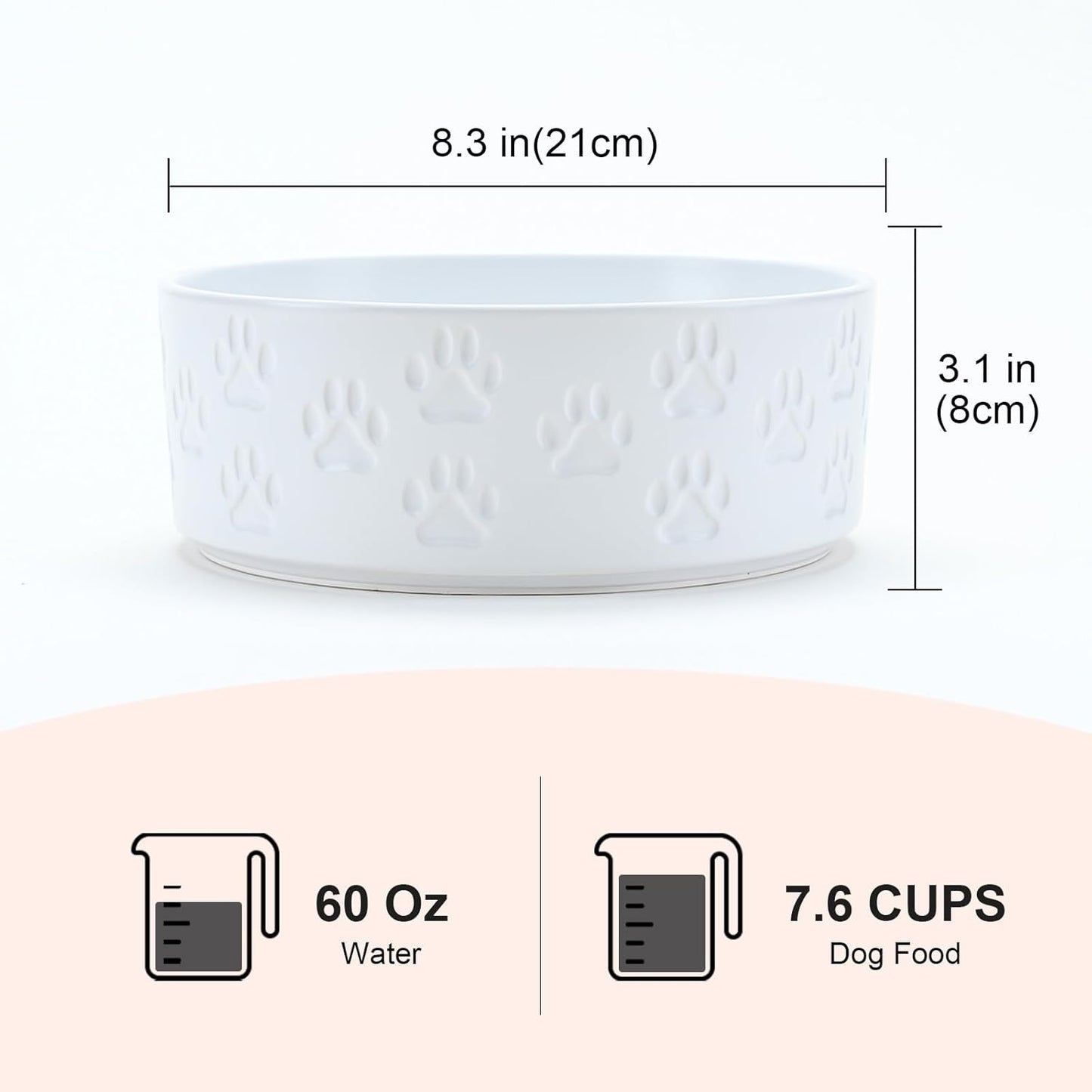 SPUNKYJUNKY Ceramic Dog Bowls 2 Pack, 8.3'' Dog Food Water Double Feeding Bowls Non-Slip for Medium to Large Sized Breed Microwave Dishwasher Safe - 60 OZ, 2pcs, Paw White