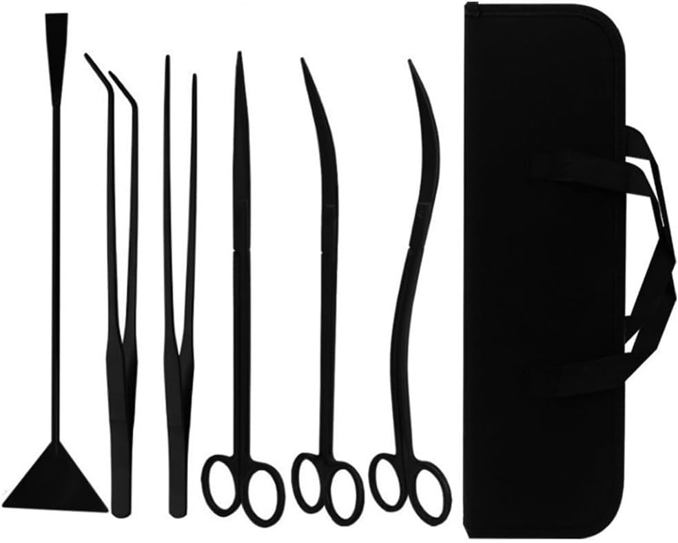 7-in-1 Aquascaping Tools Kit for Aquarium & Terrarium - Stainless Steel Long Tweezers, Curved Scissors, Algae Scraper, Feeding Tongs - Live Plant Trimming & Tank Cleaning Accessories