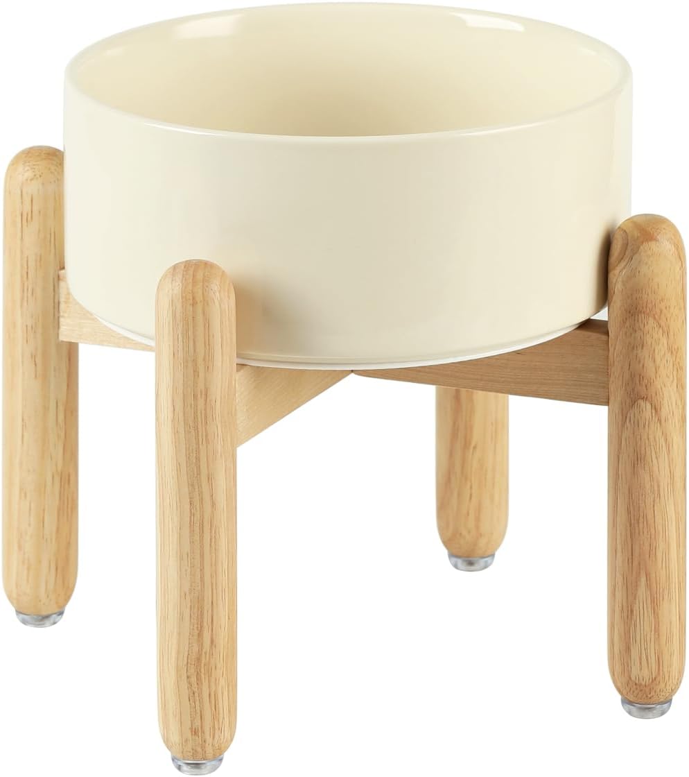 Ceramic 7.3inch Raised Dog Bowl Set, Elevated with Wooden Stand, Food and Water Bowl for Medium Breed Dogs, Weighted Dog Dishes, Pet Feeder(Beige)