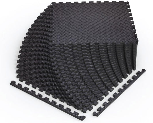 Norsk Foam Floor Gym Mats with Interlocking Tiles, .47" Thick, 24"x24", 48-Pack, 192 Square Feet, Diamond Plate Design, Black