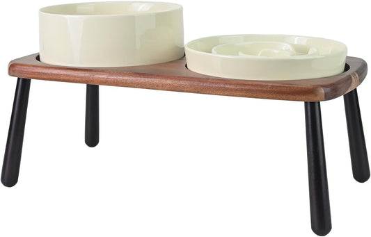 SPUNKYJUNKY Ceramic Elevated Dog Bowls with Slow Feeder Raised Acacia Bamboo Wooden Stand, 8.3'' Dog Food Water Bowls Set Non-Slip for Medium Large Sized Breed Microwave Dishwasher Safe - Beige