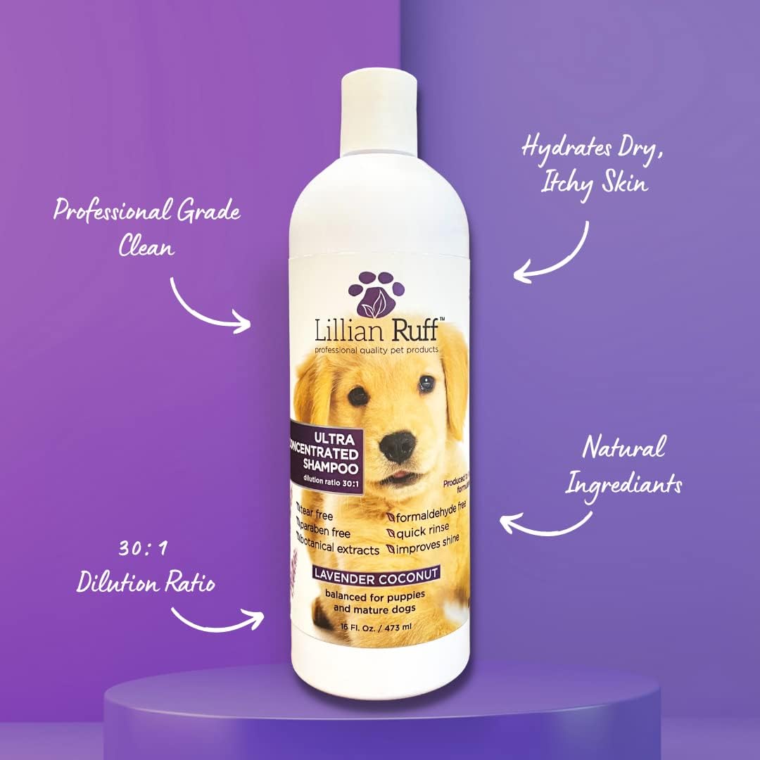 Lillian Ruff High Concentrate Professional Grooming Shampoo for Dogs with Hydrating Essential Oils – 30:1 Concentration for Bathing System - Clean, Condition, & Deodorize Dry, Sensitive Skin (16oz)