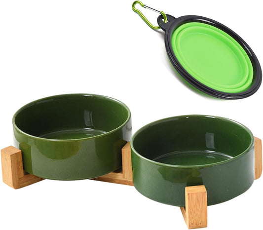 Petygooing Ceramic Dog Cat Bowl Set with Stand, Pet Food and Water Dishes,Medium Pet Bowl Anti -Slip Set of 2 Cat Dish-Pet Food Bowls Small Medium Size Dog (28OZ/6.1 in) Rust Green