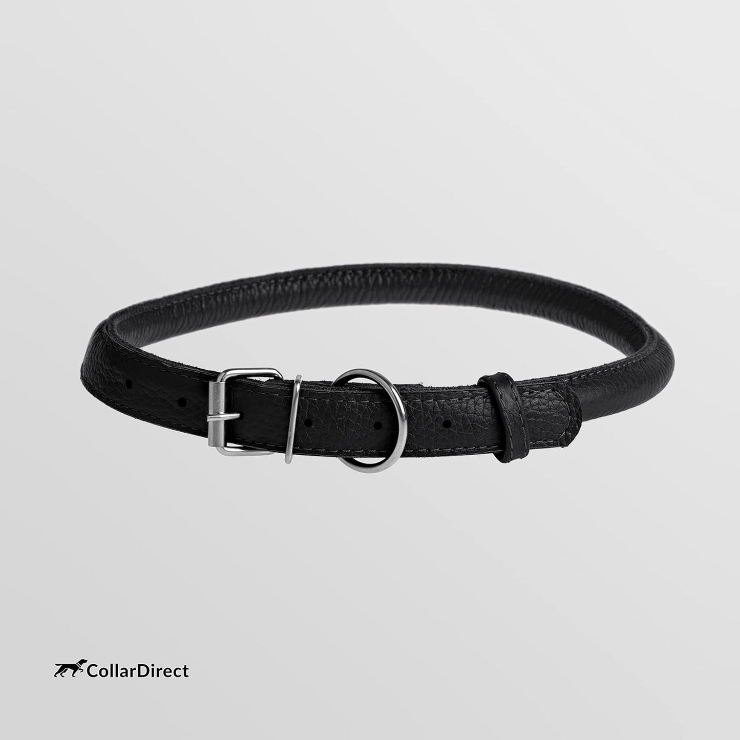 CollarDirect Rolled Leather Dog Collar, Soft Padded Round Puppy Collar, Handmade Genuine Leather Collar Dog Small Large Cat Collars 13 Colors (13-16 Inch, Black Textured)