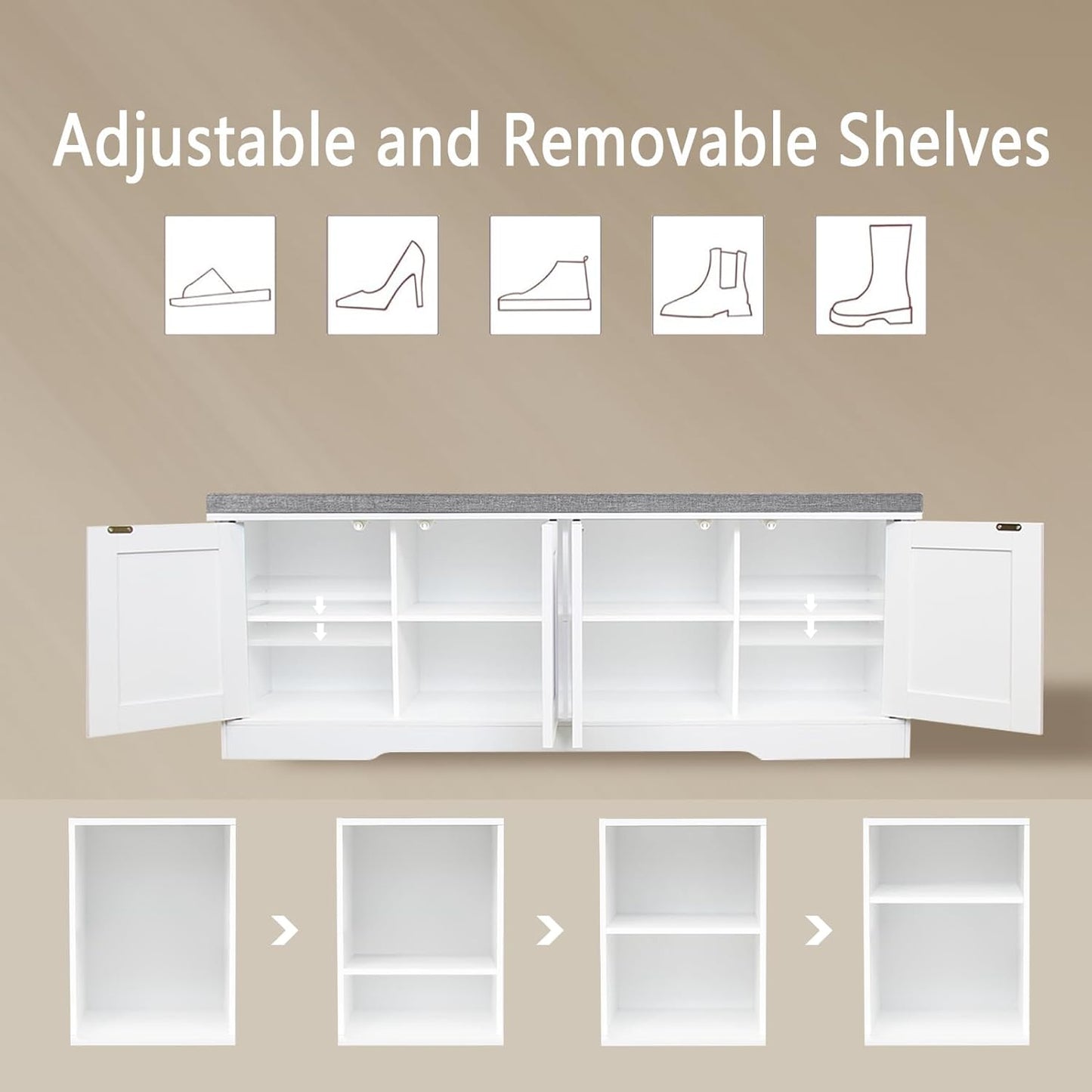 DINZI LVJ Shoe Bench, Entryway Storage Bench with Doors, Cushion, 2-Tier Shoe Rack with 8-Cubby, 47.2”L x 13.8”W Shoe Organizer Cabinet, Adjustable Shelf, Living Room, Bedroom, White