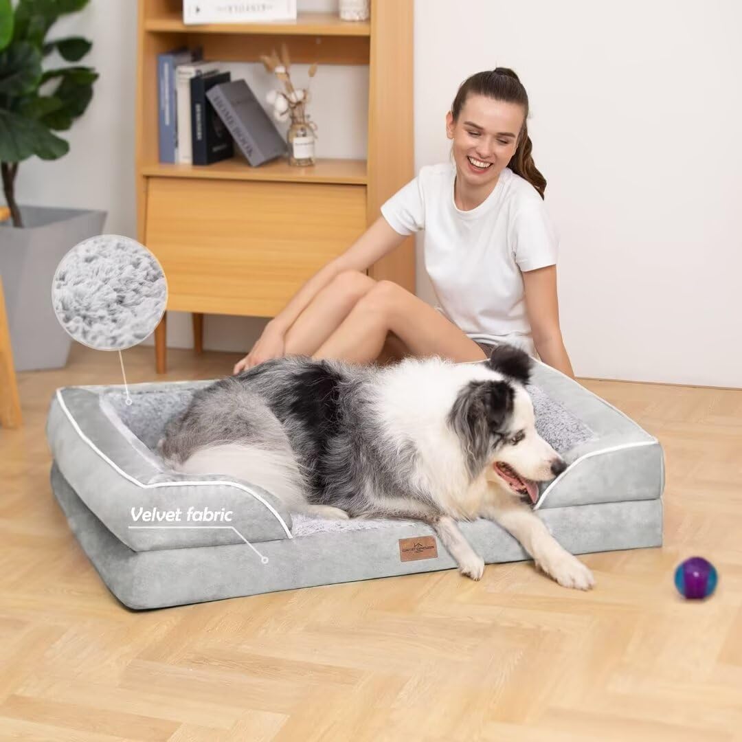 Comfort Expression Cooling Dog Bed, Orthopedic Memory Foam Dog Bed, Jumbo Beds for Extra Large Dogs, Large Breed Dogs Beds Waterproof with Bolster & Removable Cover(Jumbo,Light Grey)