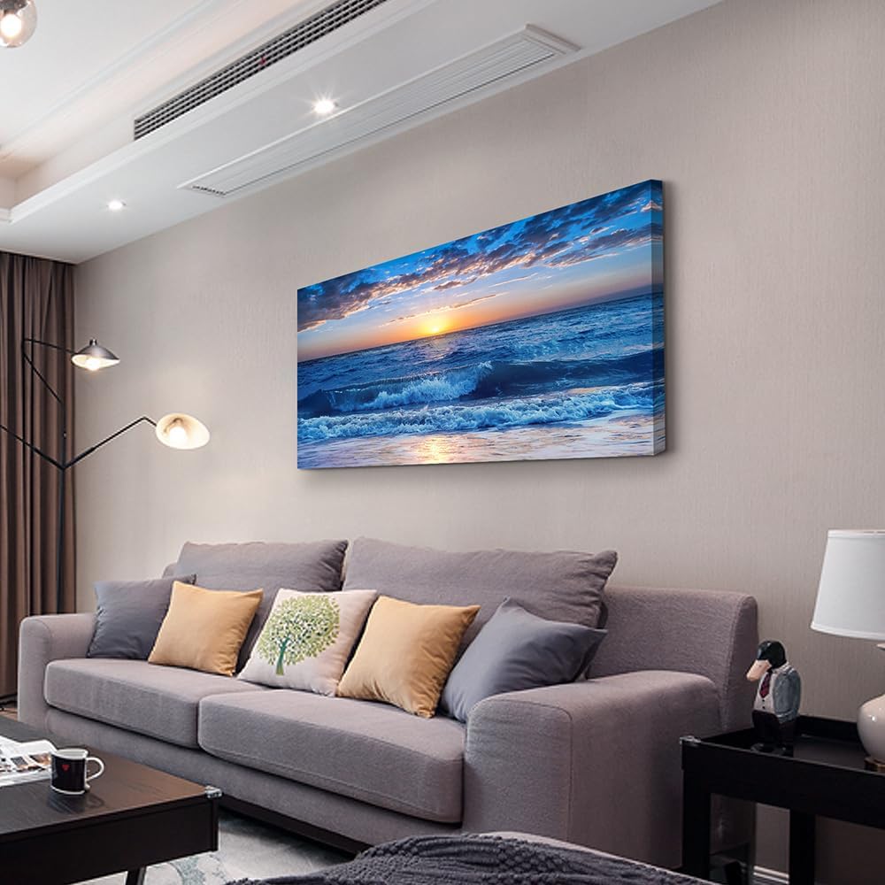 Lapremoly Canvas Wall Art For Living Room Large Wall Decor For Bedroom Office Wall Decorations Blue Ocean Beach Wall Painting Sunny Sea View Wave Wall Pictures Artwork Room Home Decor 20" X 40"