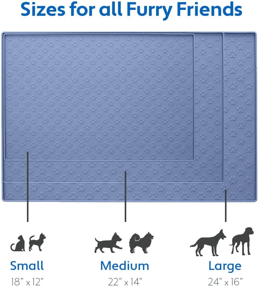 MIGHTY MONKEY 100% Waterproof Dog Food Mat, Raised Edges Silicone Pet Feeding Placemat for Cat, Dogs, Pet Bowls, High Lipped Tray Prevents Water Spills, Food on Floor, Dishwasher Safe, 22x14, Lt Blue