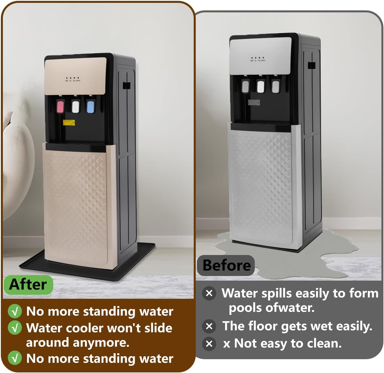 Waterproof Silicone Mat with Raised Edges 24x16 Inch, Water Cooler Mat & Countertop Protector for Hardwood Floors, Non-Slip Kitchen Appliance Pad for Pets Cats Dogs Feeding Bowls, Easy to Clean（Black）