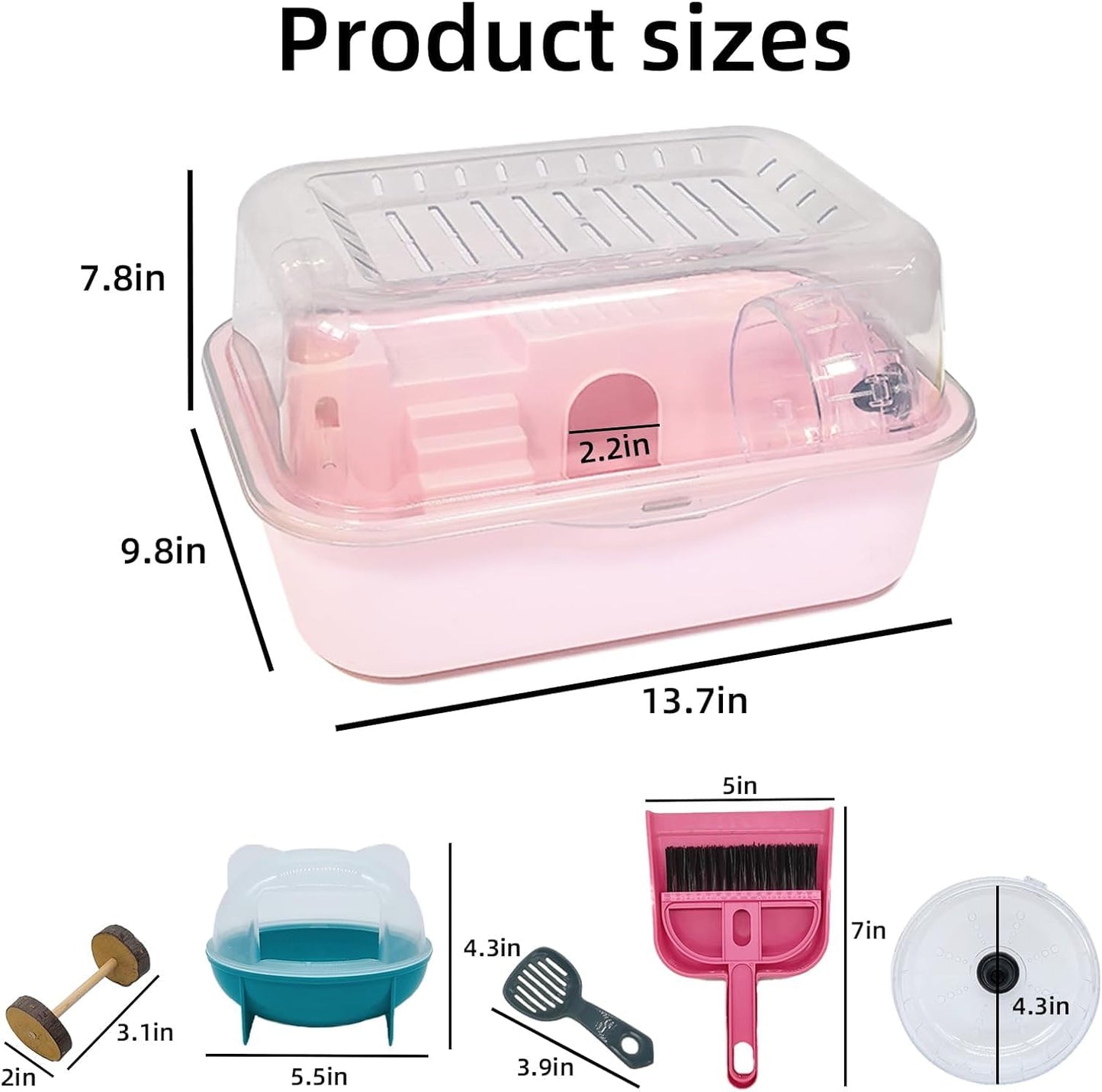 Hamiledyi Small Hamster Cage Clear Plastic Hamster Cage Portable Carrier with Water Bottle Exercise Wheel Bathtub Box Set Toy for Dwarf Baby Hamster (Pink)