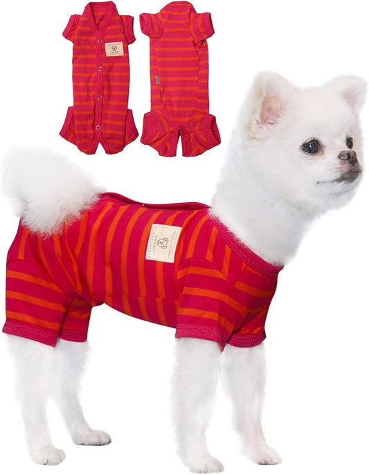 TONY HOBY Dog Pajamas, Female/Male Dog 4 Legged Pajamas, Soft Cotton Dogs Jumpsuit with Stripes (Rose Red&Orange, Girl, L)