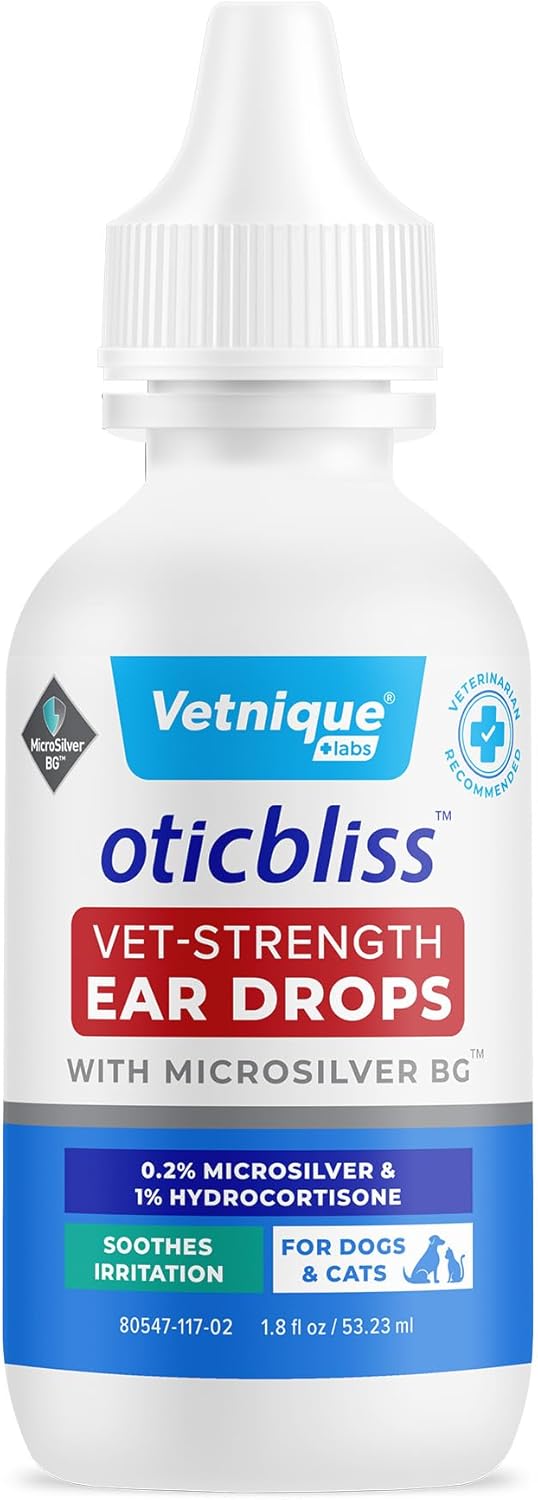 Vetnique Oticbliss Cat & Dog Ear Infection Treatment Drops - with 1% Hydrocortisone & MicroSilver BG for Dog Ear Infections - Vet Recommended Cat & Dog Ear Cleaner for Itchy Ear Relief