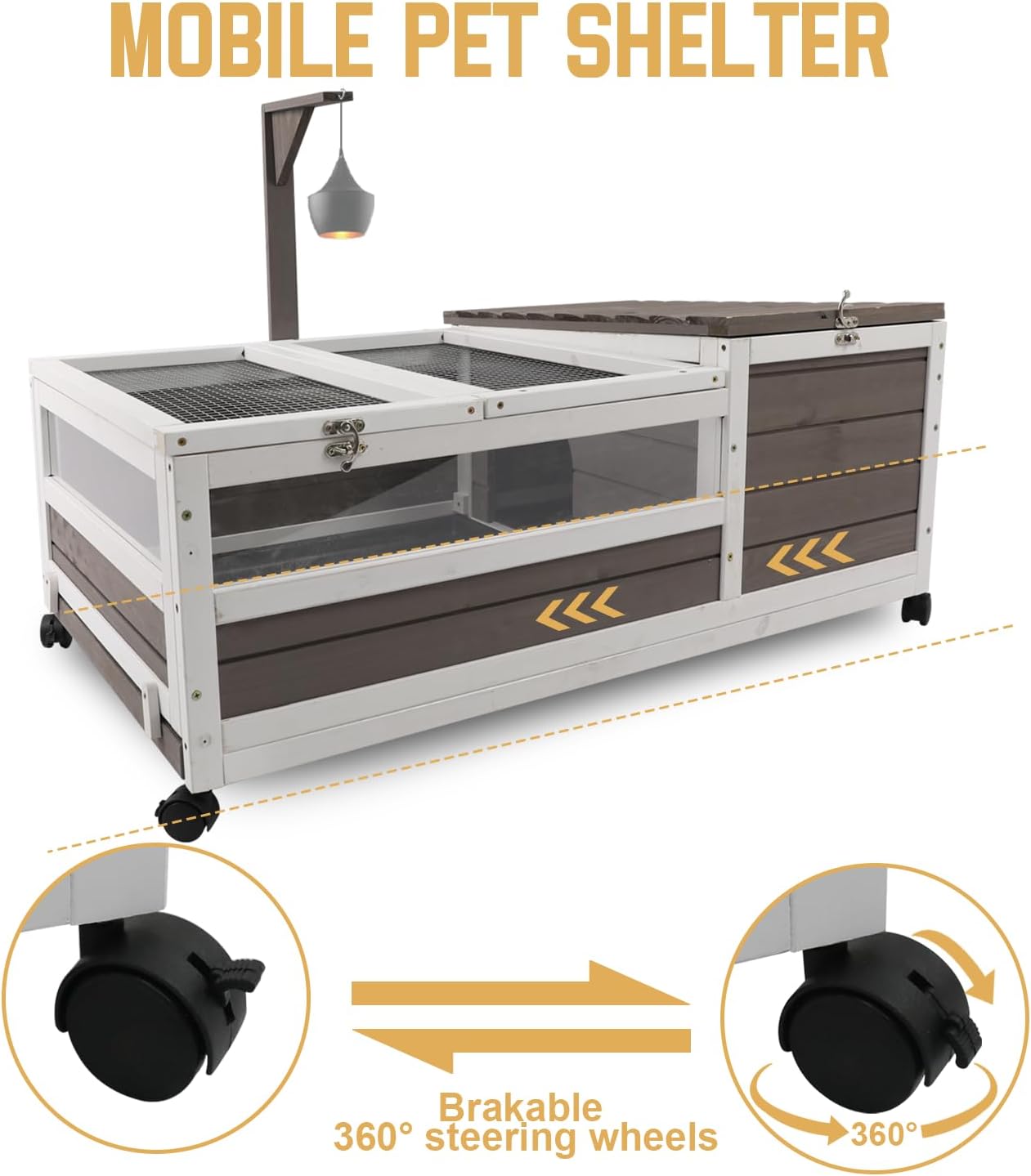 Tortoise Habitat Cage on Wheels with Lamp Stand & Pull-Out Waterproof Tray – Large Wooden Tortoise House, Indoor Outdoor Reptile Enclosure 39''L*23''W*14''H