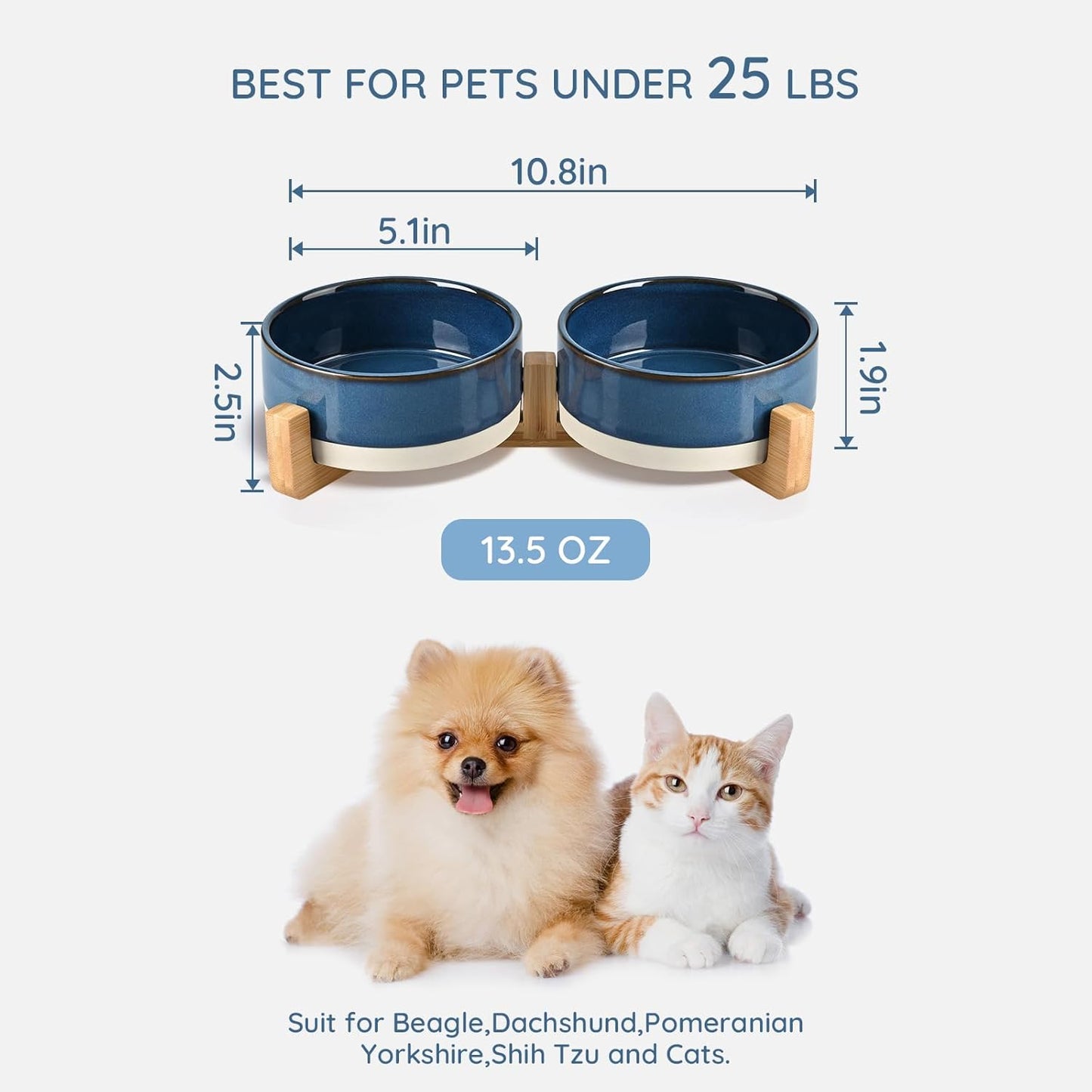 SPUNKYJUNKY Ceramic Dog and Cat Bowl Set with Wooden Stand, Modern Cute Weighted Food Water Bowl Set for Small Size Dogs (1.7 Cups, 2 × Pattern Blue)