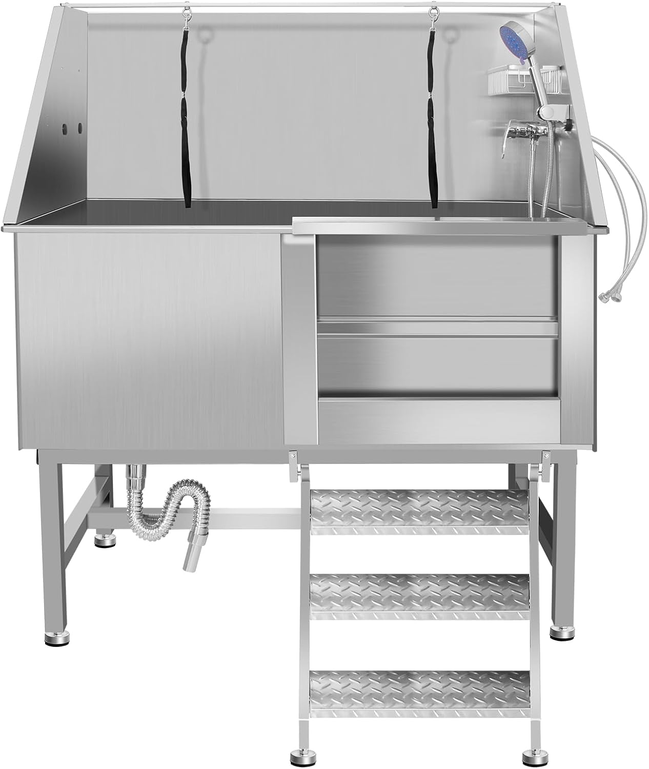 50" Pet Dog Bathing Station W/Stairs, Professional Stainless Steel Dog Grooming Tub W/Soap Box, Faucet,Rich Accessory, Dog Bathtub for Large,Medium,Small Pets, Washing Sink for Home (50" Right ramp)
