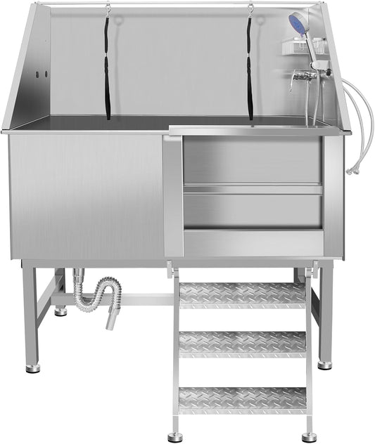 50" Pet Dog Bathing Station W/Ramp, Professional Stainless Steel Dog Grooming Tub W/Storage Drawer, Floor Grate, Faucet, Dog Bathtub for Large,Medium, Small Pets, Washing Sink for Home