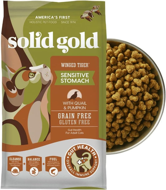 Solid Gold Sensitive Stomach Dry Cat Food - Grain Free & Gluten Free Sensitive Stomach Cat Food for Indoor Adult & Senior Cats - Dry Kibble for Cats w/Quail, Pumpkin & Probiotics for Gut Health - 3lb