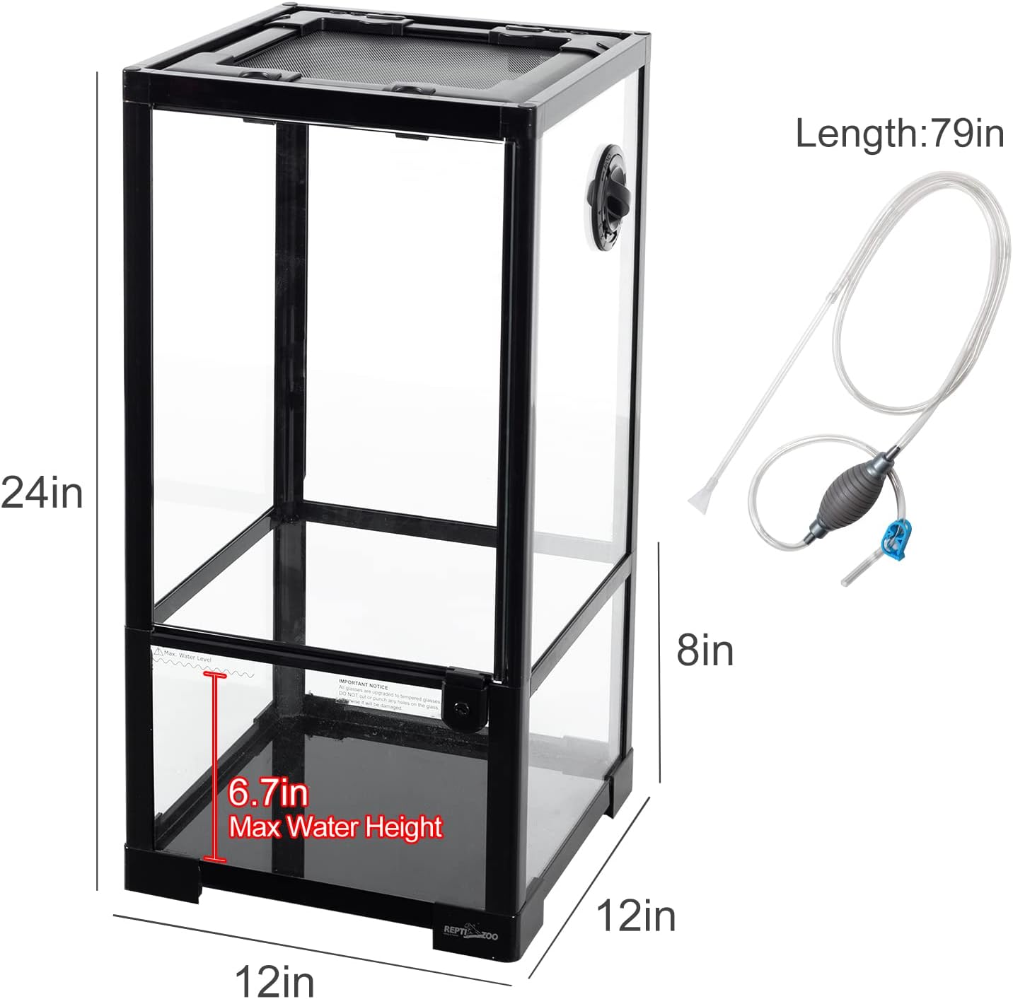 REPTIZOO 15 Gallon Full Glass Reptile Terrarium 12" x 12" x 24" Knock-Down Glass Tank and Siphon Gravel Cleaner Set, Small Habitat for Reptile Chameleon, Tree Frogs, Arboreal Geckos,Lizard