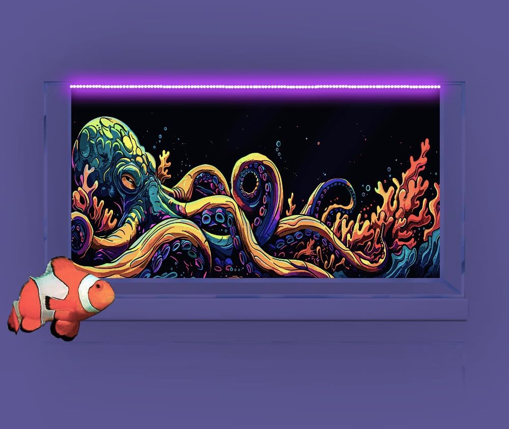 24X12IN Blacklight Octopus Sea Monster HD 3D Black Light Aquarium Background UV Reactive Background Terrarium Background with 10 EVA Double-Sided Tape