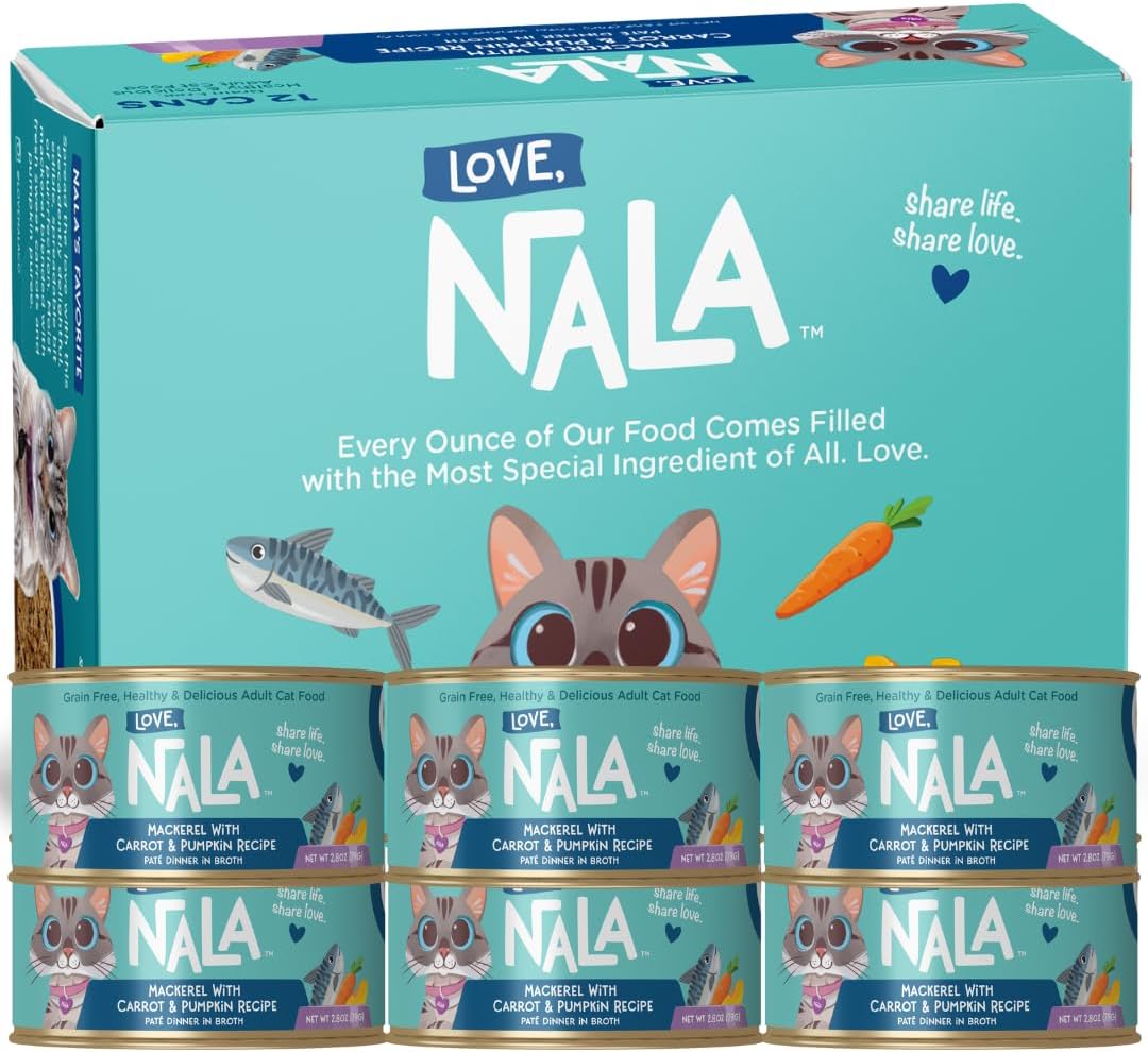 LOVE, NALA - Natural Adult Cat Wet Food - Pate Mackerel with Carrot & Pumpkin Recipe- Grain Free, Non-GMO, Lean Protein, Omega 3, Digestive Fiber Blend, Added Minerals & Vitamins - 12 Pack 2.4 lbs.