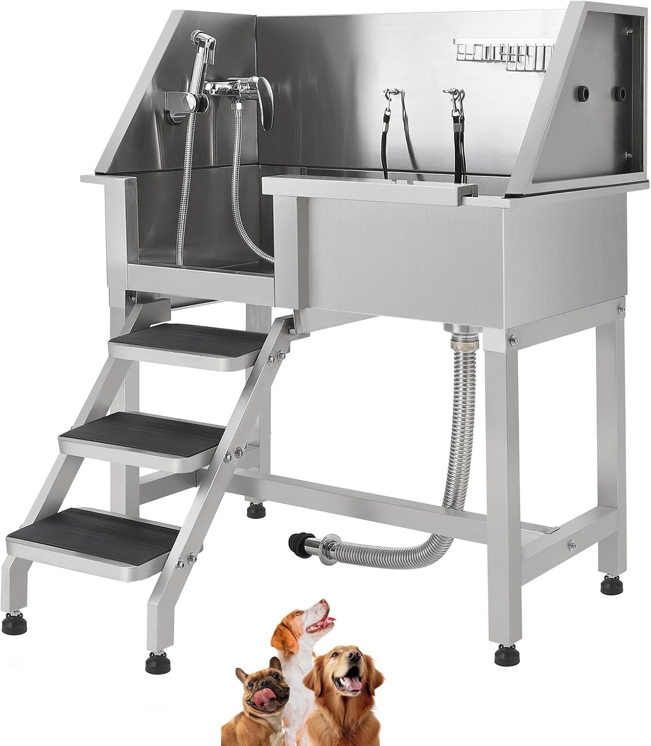 Stainless Steel Dog Washing Station - Dog Bath Tub for Large, Medium, Small Dogs, Pet Grooming Tub with Ramp, Non-Slip Grate, Shower, Soap Box, Faucet, Drain for Home & Outdoor （Left RAMP, 38"）