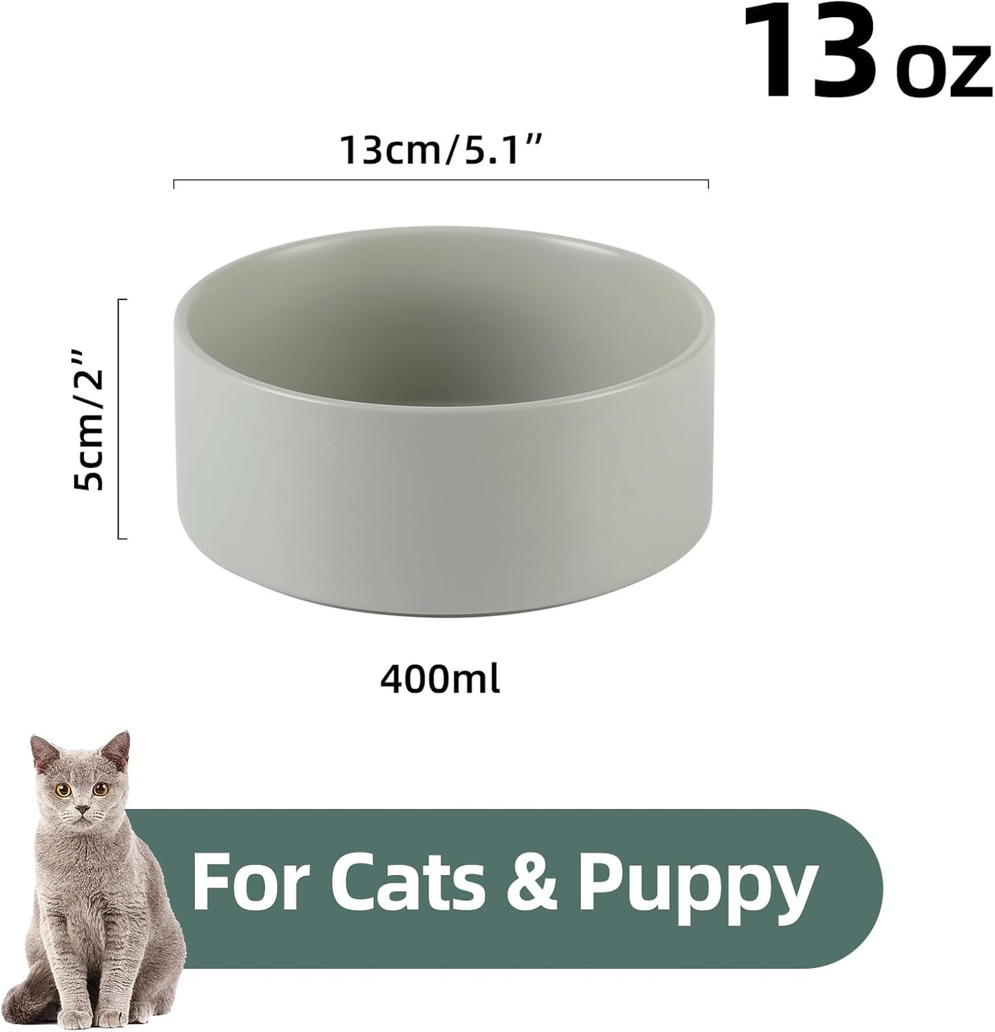 Ceramic 5.1inch Set of 2 Dog and Cat Bowls, Food and Water Feeder for Small Breed Dogs, Kitty, Cats, 2pcs Dog & Cat Dishes(2 Bowls, Grey)