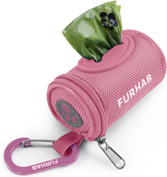 Dog Poop Bag Holder for Leash Doggie Waste Bag Dispenser Soft Fabric Puppy Potty Carrier Small Doggy Zipper Pouch with Carabiner Clip 1680D Nylon Oxford with 1 Roll of Pet Trash Bags, Pink
