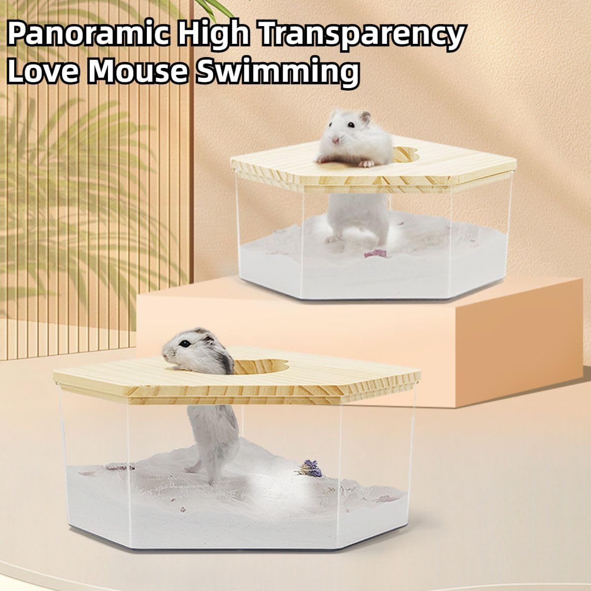Hamster Sand Bath Box Container, Small Pet Sandbox Lid Design Take Bath Wooden Sandbox Dust Bath, Transparent Bathroom & Digging Box Acrylic Syrian Hamster Litter Box Small Animal Accessories (A)