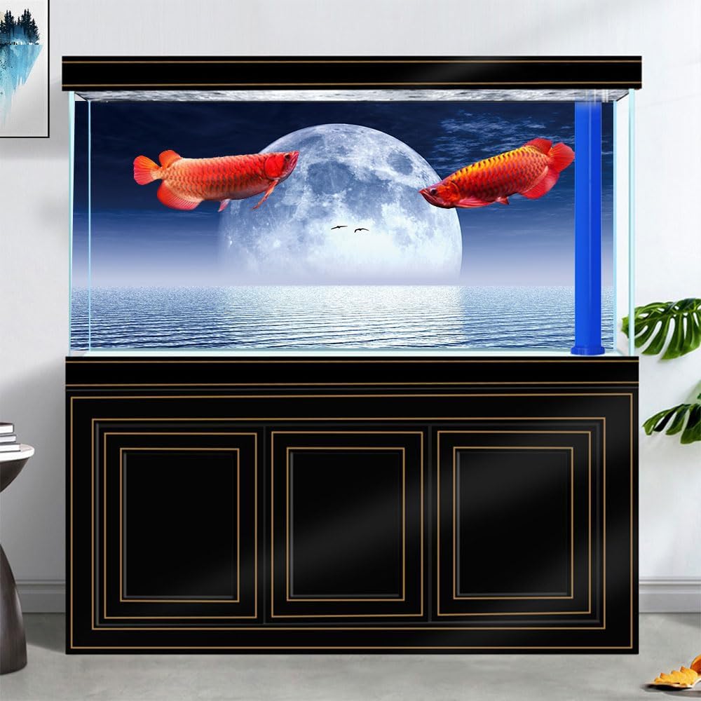 Moon Aquarium Background,Cool Sea Galaxy Parallel Space Themed Fish Tank Background, Cool Terrarium Background 30X12IN with 8 EVA Double-Sided Tape