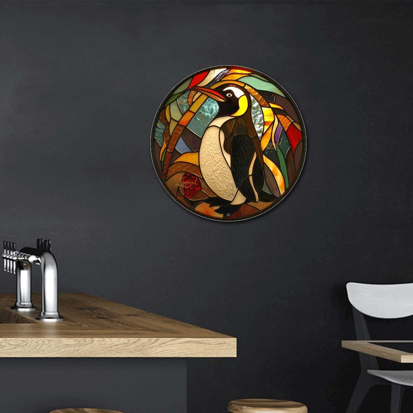 Lygond Metal Penguin Sign - Circular Stained Glass Design, 88 Inches