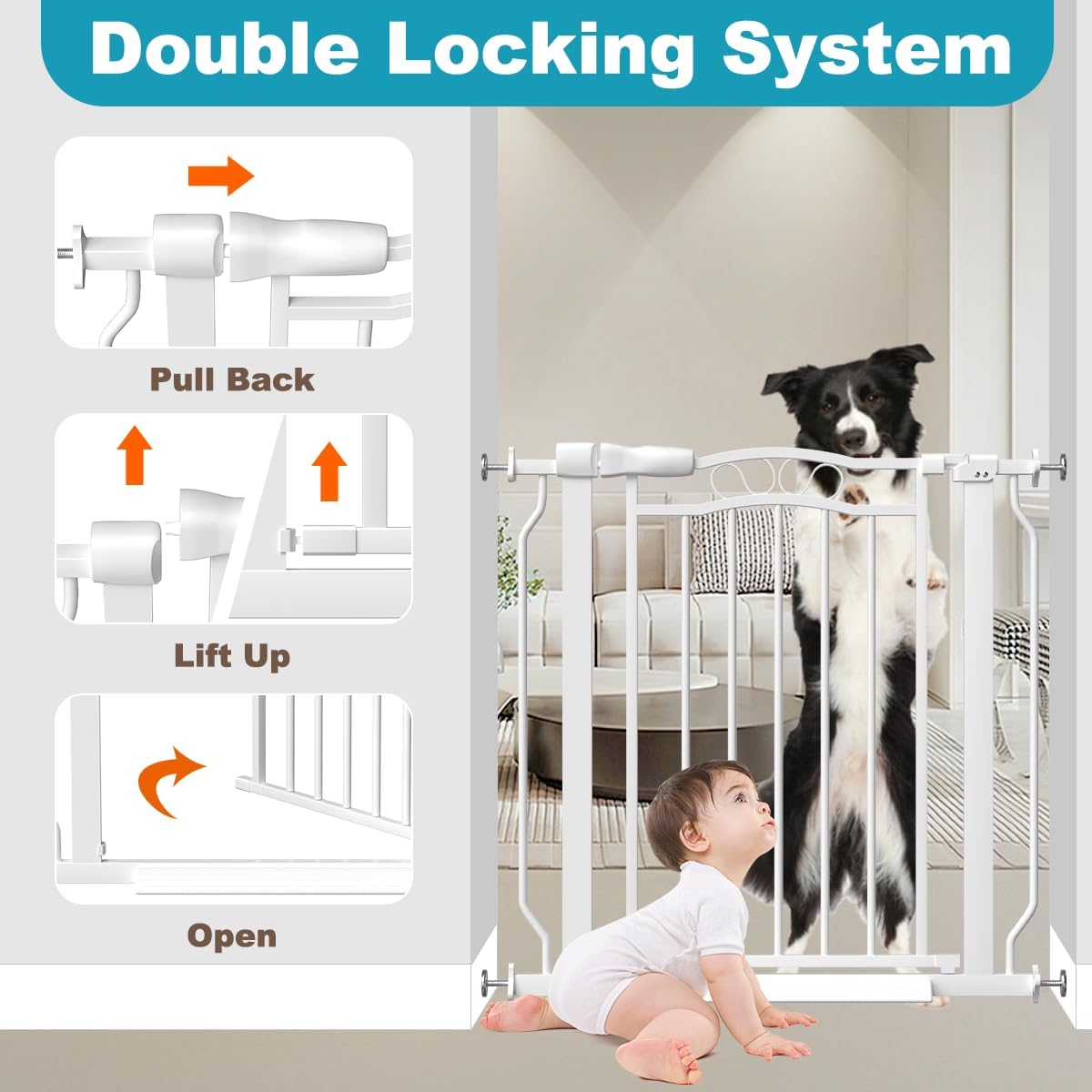 29.9-33.4 in Wide Baby Gate for Stairs Doorways, Auto Close Child Safety Gates Indoor for Dogs Pets, Pressure Mounted Metal Barrier Kids Toddler Door Walk Through, 30" Tall, White