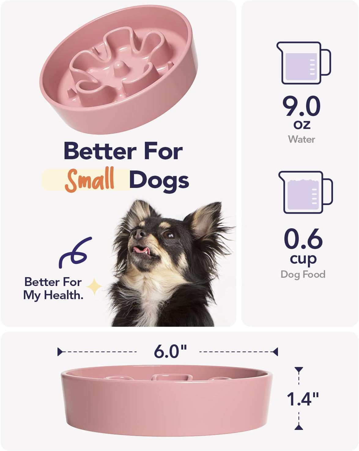 LE TAUCI Ceramic Slow Feeder Dog Bowls Small Breed, 0.6 Cups Dog Food Dish for Fast Eaters, Puzzle Bowl for Small Dogs and Cats,Pink Bloom