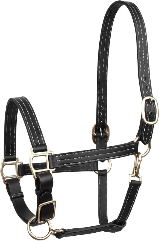 Triple Stitch Leather Horse Halter, Adjustable Design, Fancy Stitching, Solid Brass Hardware
