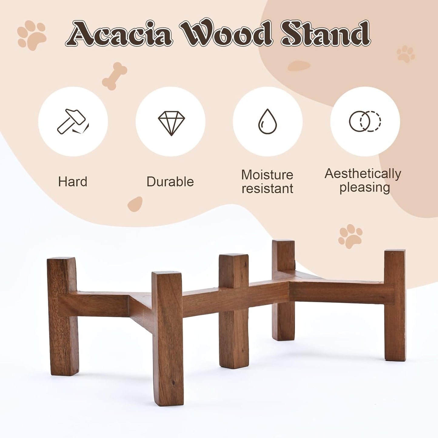 SPUNKYJUNKY Ceramic Dog Bowls with Acacia Wood Stand - Raised Dog Food and Water Bowl Set for Small Dogs (13.52 OZ, White)