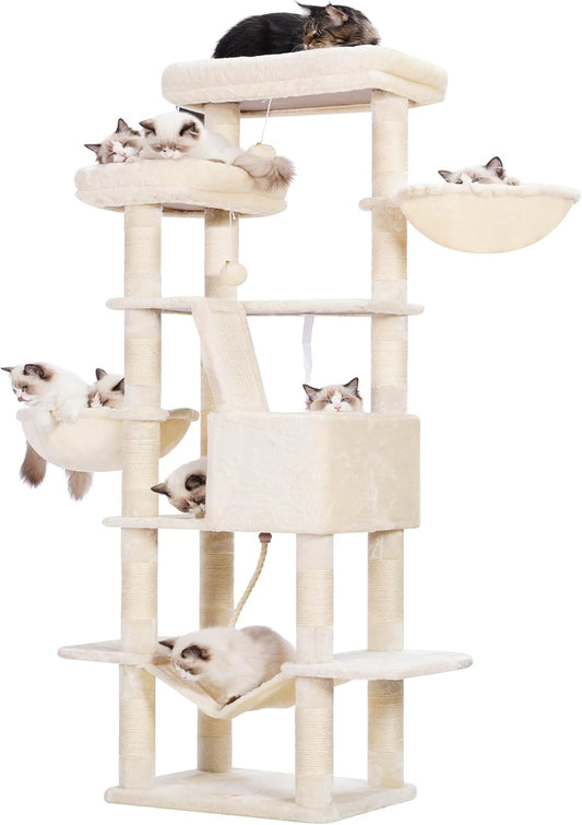 Heybly Cat Tree, 68 inch Multi-Level Cat Tower for Indoor Cats, 2 Widened Plush Perches Cat Condo with Scratching Board and Big Caves, Beige HCT025M