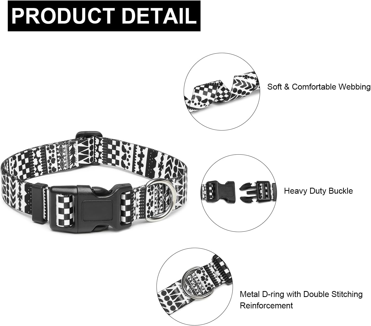 Mercano Adjustable Dog Collar - Special Design Patterns, Soft Nylon Comfortable Durable Pet Collar for Small Medium Large Dogs (L, Black White A)